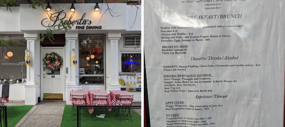 Roberta's Fine Dining Menu
